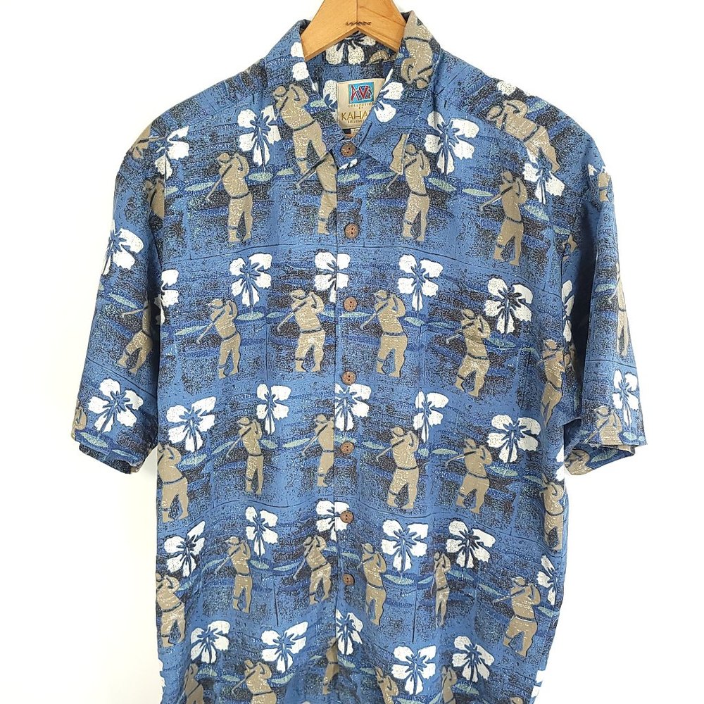 Avi Collection By Kahala Hawaiian Shirt Mens Large Linen Blend Golf Print
